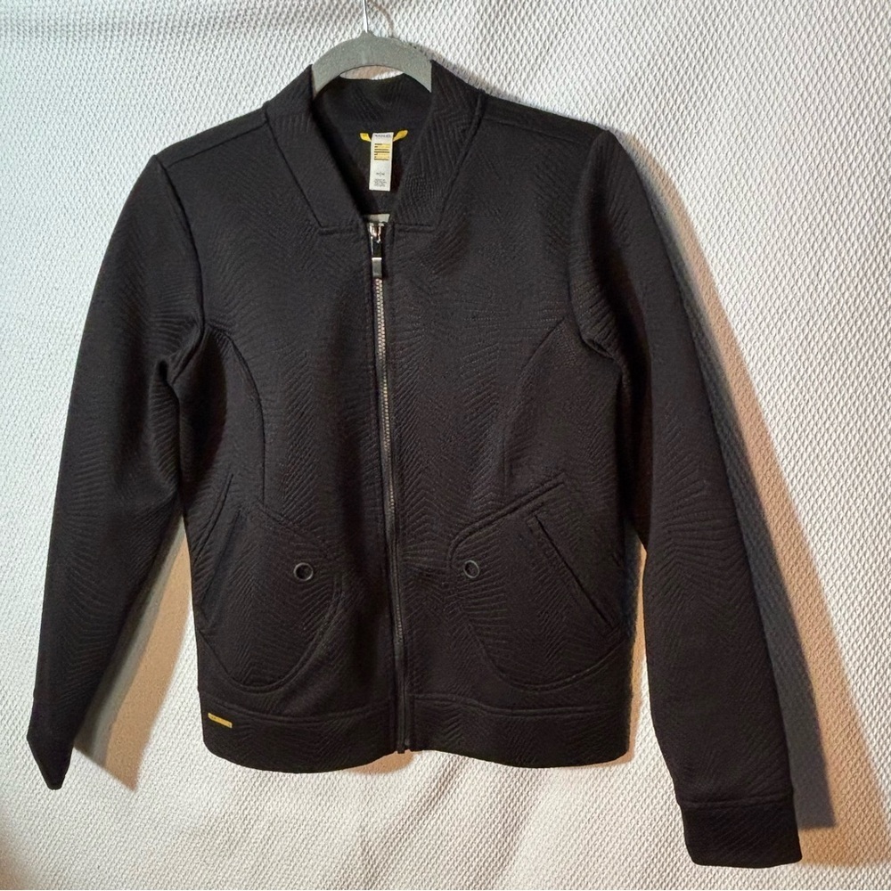 LOLE Sz M Textured Black Zip-Up Jacket Patch Pockets Unlined Sporty Athletic